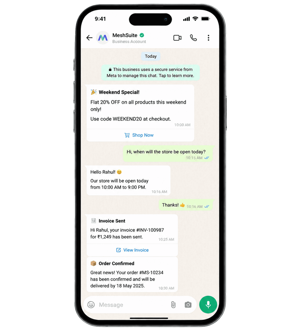 A WhatsApp Business conversation showing an invoice sent to a customer